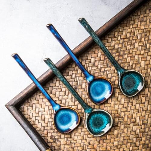 2PCS Japanese Style Ceramic Round Spoon Household Soup Spoon Dining Spoon Long Handle Family Restaurant Tableware Supplies ZA361