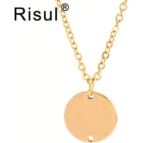 Stainless steel 2 loop holes 15mm disc round tags 45/50cm Necklace gold/steel/rosegold color high quality choker wholesale 50pcs