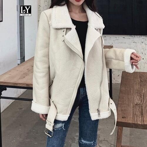 Ly Varey Lin New Women Lamb Fur Faux Leather Jacket Coat Turn Down Collar Winter Thick Warm Oversized Zipper With Belt Outerwear
