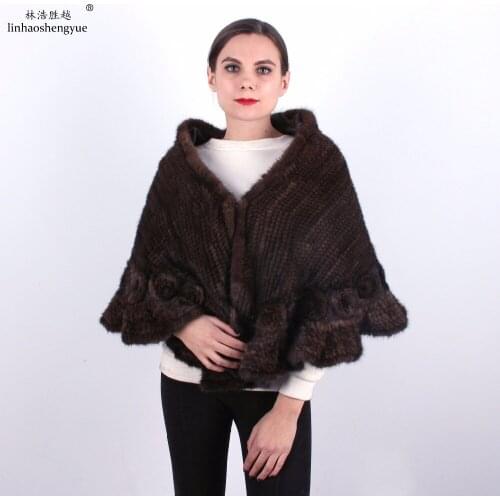Linhaoshengyue Fahsion Women Mink Fur Shoawl with Flower Decoration