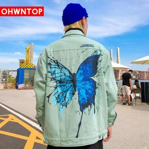 Fashion Splash-Ink Butterfly Print Denim Jacket Loose BF Couples Jacket Men And Women Ins Autumn Style Streetwear Jeans Jacket