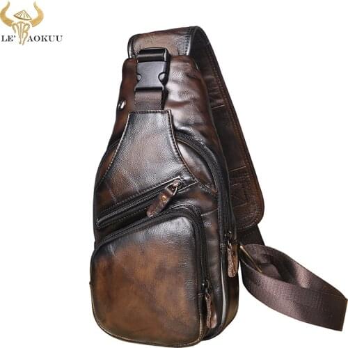 Men Top Quality Crazy horse Leather Casual Fashion Crossbody Chest Sling Bag Design Travel One Shoulder Bag Daypack Male 8015