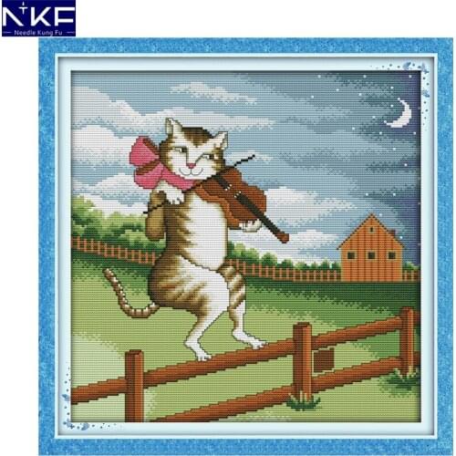 NKF The Cat Playing The Violin Pattern DIY Handmade Craft Cross Stitch Set Embroidery Kit Animal Design Stitching Home Decor