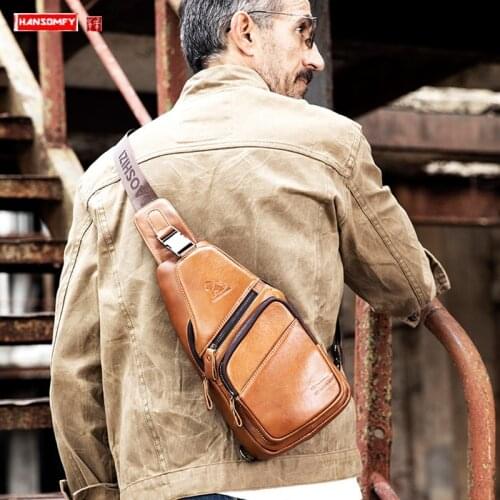 Genuine Leather Chest Bag Mens Fashion Casual Front Backpack Full-Grain Leather Shoulder Messenger Bag Men