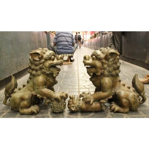 Wholesale factory 21 Chinese Bronze Copper FengShui Guard Palace Foo Fu Dog Lion Ball Statue Pair 25% off