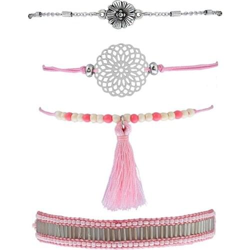 Popular Fashion Flowers Pink Beads Beaded Tassel Bracelet