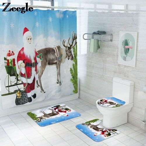 Christmas Style Carpet Bathroom Carpet Rug Bath Mat and Shower Curtain Set Flannel Toilet Seat Cover Mat Non-slip Floor Mat Set