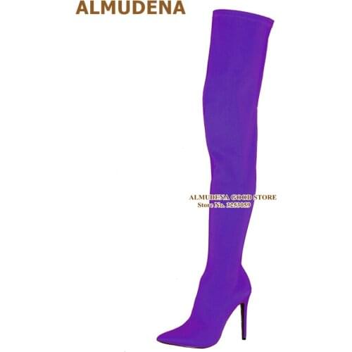 ALMUDENA Stretch Lycra Over The Knee Boots Stiletto Heel PointyToe Thigh High Long Boots Neon Yellow Fluorescent Color Long Boot