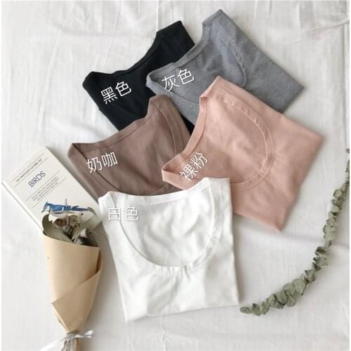 Make Korea bare midriffs cotton short tight solid color round collar sexy high waist short sleeve T-shirt