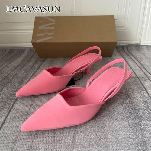 LMCAVASUN Summer new style Pink High Heels Shoes High-heeled Baotou pointed toe slingback sandals women