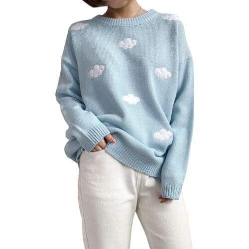 Kawaii Spring Knitted Sweater Girls Jumper Sweet Blue Pink White O Neck Loose Korean Sweaters Long Sleeve Pullovers Women Tops