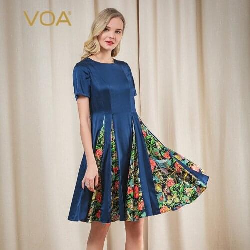 VOA Satin Stretch Silk Printing Patchwork A10921 O-Neck Short Sleeve Office Lady Rear Zipper A-Line Slim Summer Dress for Women