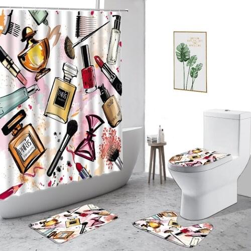 Beautiful Girl Shower Curtain Perfume Lipstick Cosmetic Bathroom Decoration Curtains Set With Hooks Non-Slip Carpet Toilet Cover