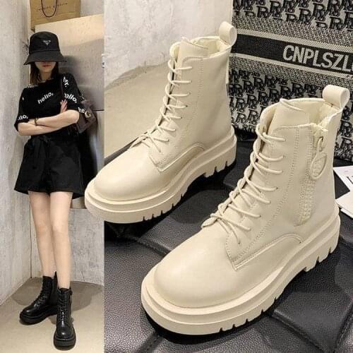 Beige Black Plush Warm Fur Ankle Boots For Women 2020 Autumn Winter Motorcycle Boots Platform Gothic Shoes Woman Combat Boots