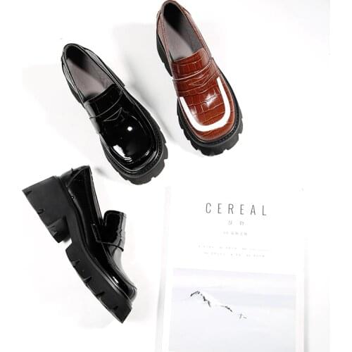 MORDOAN Genuine Cow Leather Loafers Women Shoes Mid Heel Square Toe Ladies Casual Patent Leather Platform Shoes For Women
