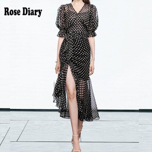 RoseDiary Hot Sale A-line Vadim Plus Size Dress Women Hot Dress Deep V Irregular Sexy Wave Point Big Split Fork Strap Female