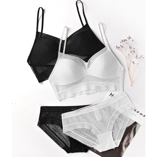 2Pcs/set Lace Bra Polka Dot Mesh Ultra Thin Women Lingerie Bras New Sexy Low Back Bralette+Panties Ladies U Backless Invisible