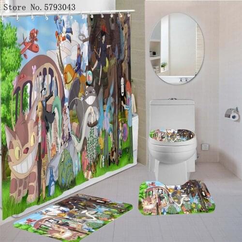 3/4Pcs Spirited Away Bathroom Rug Set A Voyage of Chihiro Pedestal Rug Lid Toilet Cover Bath Mat Home Textile Shower Curtain Set