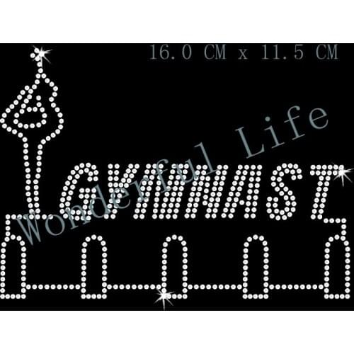 Free shipping white heart rhinestones GYMNAST Rhinestone Diamante Transfer Iron On Hotfix Gem Crystal Motif