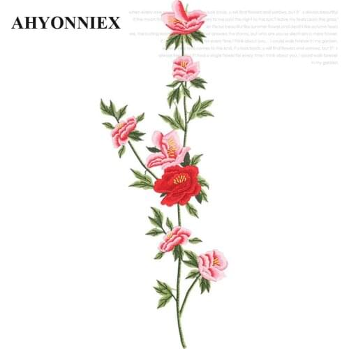 AHYONNIEX Large Size Mirror Type Peony flower Patches Embroideried Sew on Patches for Clothing Applique DIY Clothes Accessories