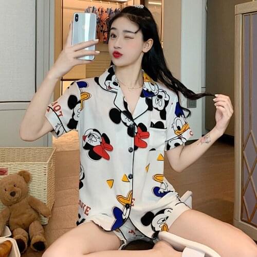 Disney Girl Mickey Print Pajamas Short-Sleeved Cartoon Cute Fashion Plus Size 5XL Cardigan Home Service Two-Piece Suit Gift