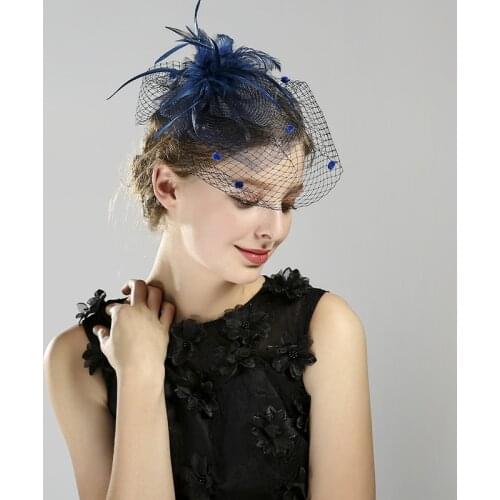 European American Mesh Feather Veil Fedoras Hat Women Party Banquet Royal Ascot Head Accessories Sinamay Fascinator Cap H6888