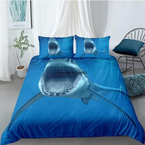 Big Shark Mouth Cute Dolphins 3D Quilt Covers Set Pillowcase Bedding Set Blue Shark Bed Linen Animal Home Textile 2-3 Pieces