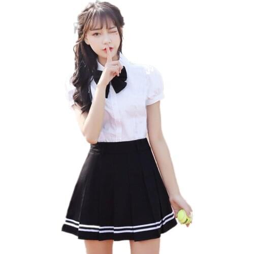 Japanese School Uniforms Set Women Summer Short Seeve White Shirt + Black Skirt + Bow Korean Students Uniform Clothes For Girls