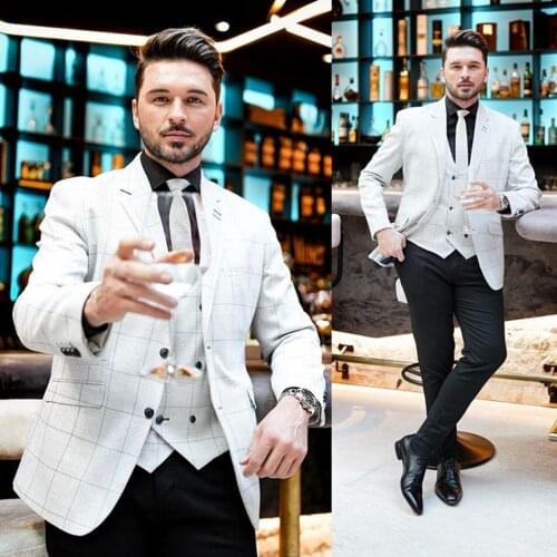 Handsome White Check Plaid Peaked Lapel Wedding Suits Evening Party Prom Custom Made Slim Fit (Jacket+Vest) Best Man Tuxedos