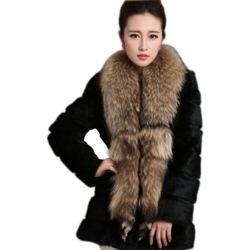 Fashion womens real rabbit fur winter jacket coat natural raccoon fur collar long coat outwear warm winter large size