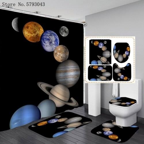 3D Print Universe Printing Shower Curtain Set Toilet Cover Non-Slip Mat Set Bathroom 4 Piece Set Outer Space Bathroom Set