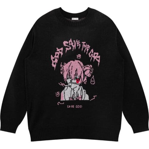 Autumn and winter two-dimensional printing Harajuku sweater Y2K hip-hop trend dark black sweater round neck warmth Japanese