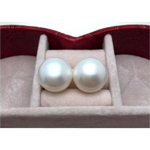 PAIR HUGE 14-15MM NATURAL SOUTH SEA GENUINE WHITE ROUND PEARL STUD EARRING 14k