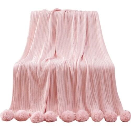 Plush hanging ball blanket cotton knitted blanket Nordic style throw blankets air conditioning blanket sofa cover blanket, pink