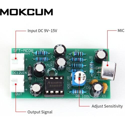 Adjustable Audio Monitoring Capacitive Microphone Amplifier Board DC 9V-15V Voice Module MIC Auto Gain Control