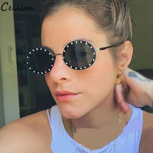 Retro Small Round Oval Sunglasses Women Luxury Brand Designer Rimless Shades Crystal Sun Glasses Red Black Eyewear UV400