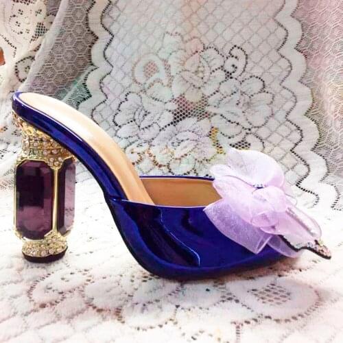 Mules Summer Rhinestone Heel Dress Sandals Organza Beading Bowtie Embellished Shoes Formal Lady Party Shoes High Heel Slides