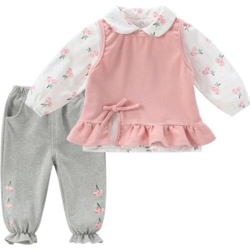 Spring Baby Girl Clothing Sets 3 Pieces Fall Toddler Girls Outfits Clothes Floral Blouse+Vest+Pants for 0-3 Years Baby Set