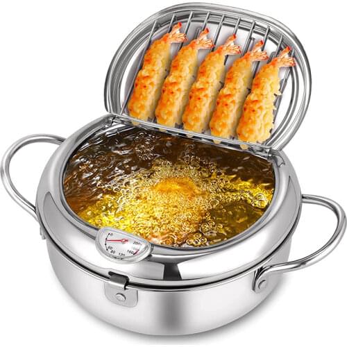 Japanese Deep Fryer with Thermometer and Lid 304 Stainless Steel Kitchen Tempura Fryer Pan Fryer Without Oil Frying Pan Fryer