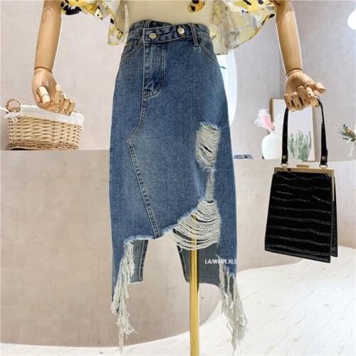 2021 Spring Summer Irregular Slit High Waist Denim Skirts For Women Streetwear Solid Ripped Midi Jeans Skirts