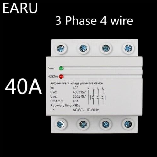 32A 60A 380V 3P+N Din Rail Self Recovery Restore Automatic Reconnect Over & Under Voltage Lightening Protection Protective Relay