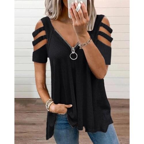 Colorblock Zip Front V Neck Cold Shoulder T-Shirt Women Solid Color Top Cold Shoulder Cutout Sleeve Zip Front Top