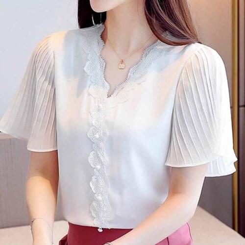 Summer White Blouse Women Short Sleeve V-Neck Lace Chiffon Blouse Shirt Tops Women Blusas Mujer De Moda 2021 Blouses Femme D231