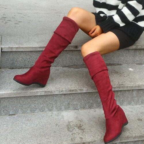 Black Elastic Flock Slim Fit Over The Knee Boots Women 2021 Autumn Winter Sexy Ladies High Heel Wedges Long Thigh High Botas