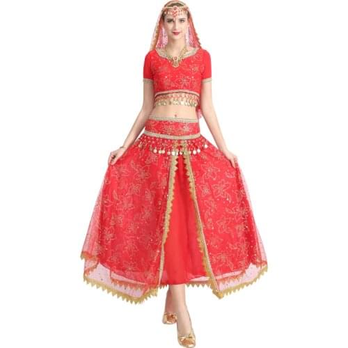 Halloween Christmas Dance Women Belly Dance Clothing Set Indian Dance Costumes Bollywood Dress(Top+belt+skirt+veil+headpiece)