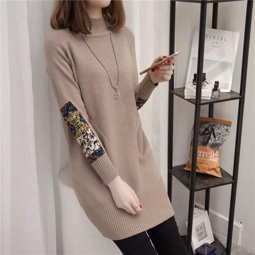 Autumn Women Beige Half Turtleneck Knit Pullover 2021 Chic Patch printing Warm Long Knitwear Female Jumper Casual Plus size