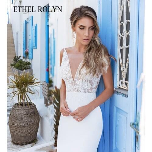 ETHEL ROLYN Mermaid Wedding Dress 2021 Elegant Backless Beaded Appliques Spaghetti Straps Bride V-Neck Stretch Satin Bridal Gown