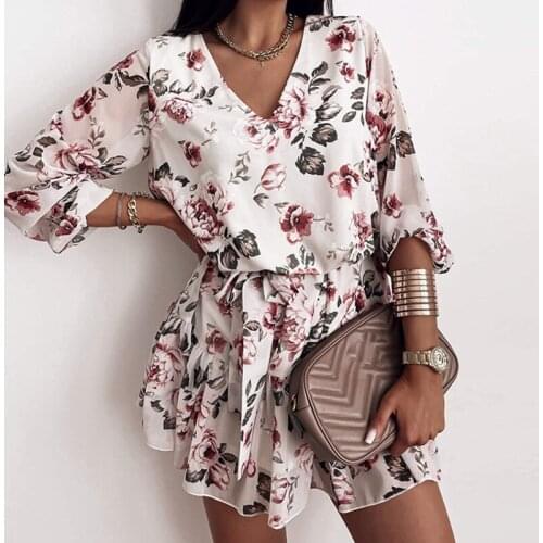 2021 Autumn Women Fashion Long Sleeve V-Neck Flower Printing Elastic Waist Mini Floral DressCasual Streetwear Vestidos Mujer De