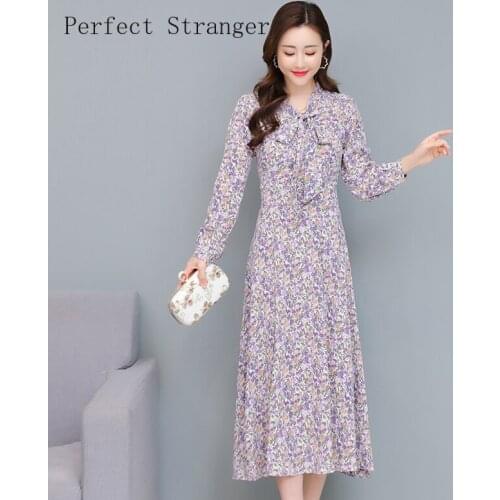 2021 Autumn New Arrival Dress Retro Flower Printed Dress Elegant Bow Long Sleeve Long Women Chiffon Dress Lady