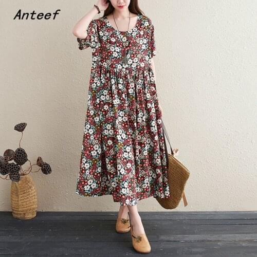 Short sleeve cotton vintage floral dresses for women casual loose long woman summer dress elegant clothes 2021